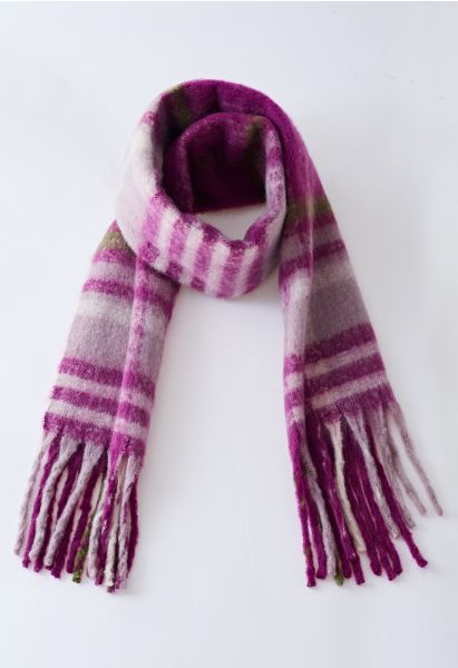 Fuzzy Mohair Plaid Pattern Scarf in Plum