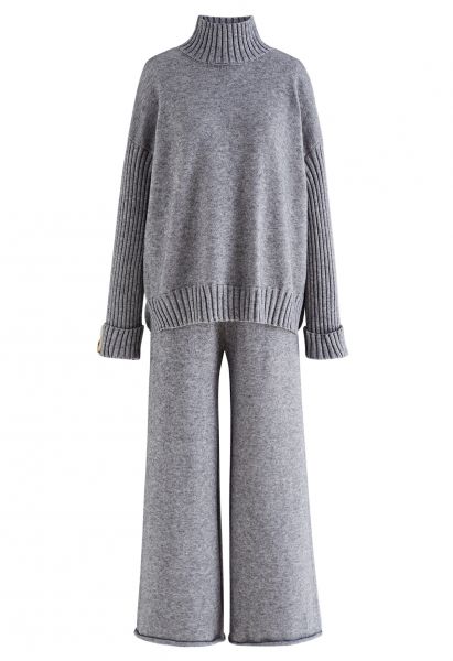 High Neck Buttoned Cuff Sweater and Knit Pants Set in Grey