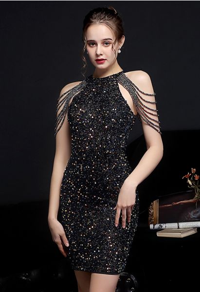 Sequins Halter Neck with Beads Cocktail Dress in Black