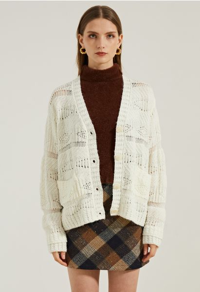 Button Down Openwork Knit Cardigan in Ivory