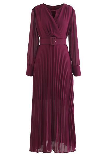 Flowy Chiffon Wrap Pleated Maxi Dress in Burgundy