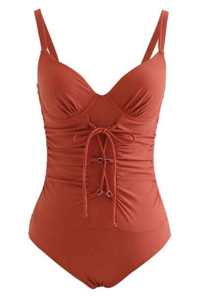 Ruched Lace-Up Front Open Back Swimsuit in Rust Red