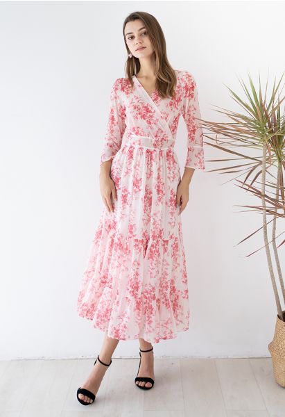 Flounced Cuffs Floral Print Chiffon Wrap Dress