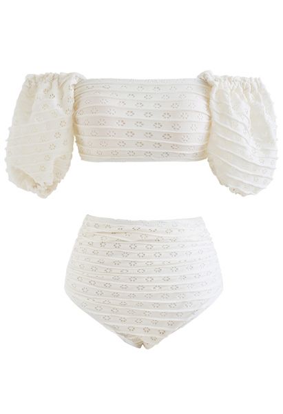 Creamy Full Floret Cutwork Off-Shoulder Bikini Set