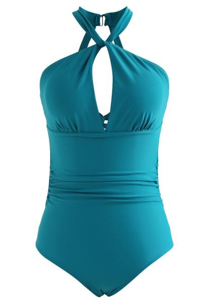 Halter Neck Cut Out Open Back Swimsuit in Turquoise