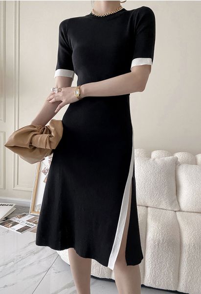 Contrast Line Split Hem Knit Midi Dress