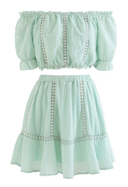 Flock Dot Off-Shoulder Crop Top and Skirt Set in Mint