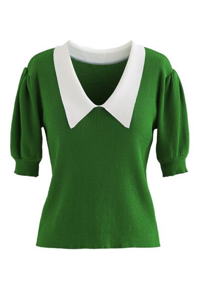 Contrast Pointed Collar Short Sleeve Knit Top in Green