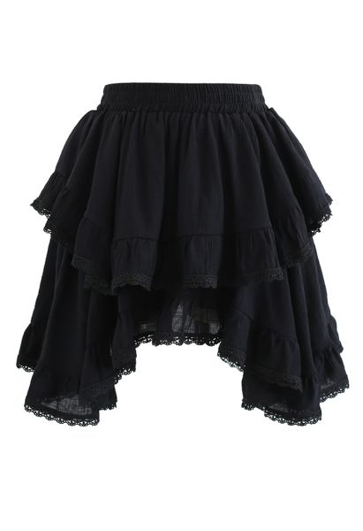 Lacy Edge Asymmetric Mini Skorts in Black