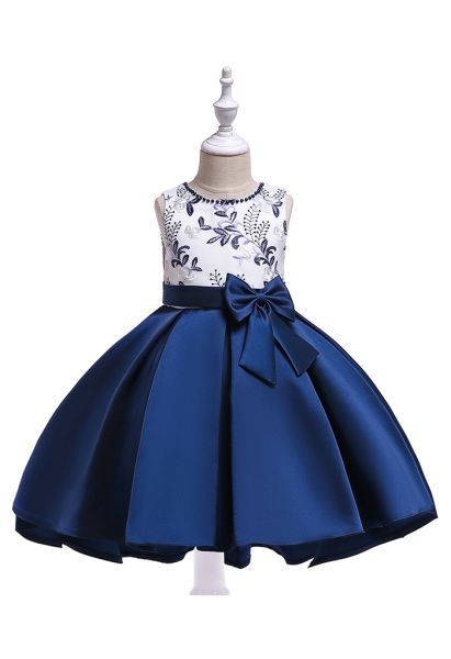 Embroidered Branch Bowknot Hi-Lo Princess Dress in Navy For Kids