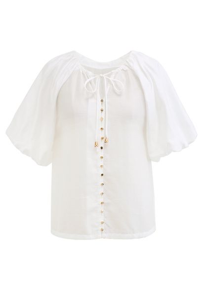 Button Down Bubble Sleeve Top in White