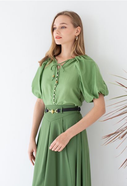 Button Down Bubble Sleeve Top in Green