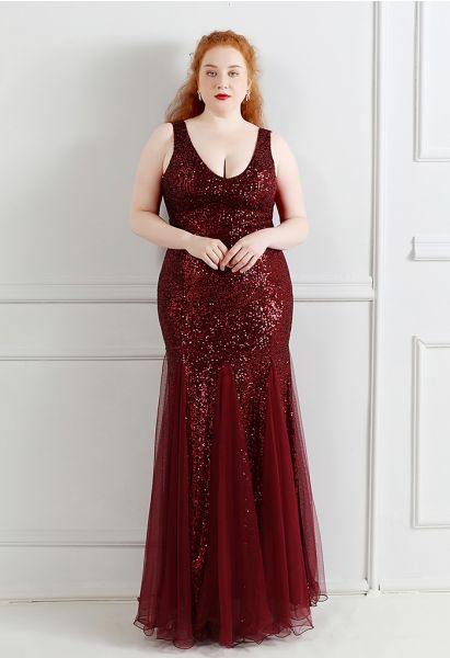 Mesh Panelled Sequined Mermaid Gown in Burgundy