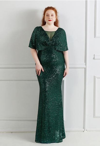 Cape Sleeve Mesh Inserted Sequined Gown in Emerald