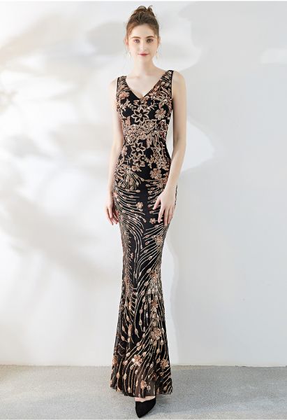 Floral Vine Sequined Mesh Mermaid Gown in Gold