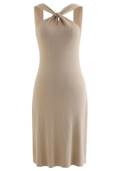 Crisscross Halter Neck Fitted Knit Dress in Camel