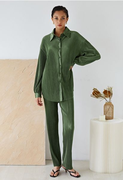 Full Pleated Plisse Shirt and Pants Set in Army Green