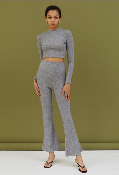 Trendy Soft Crop Top and Flare Pants Set in Grey