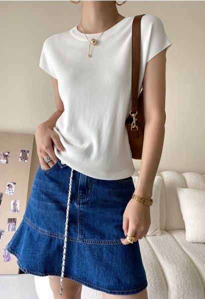 Crew Neck Short Sleeve Knit Top in White