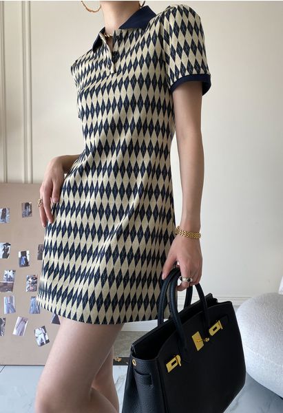 Diamond Pattern Knitted Polo Dress