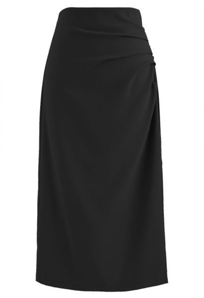 Side Ruched Slit Hem Pencil Skirt in Black