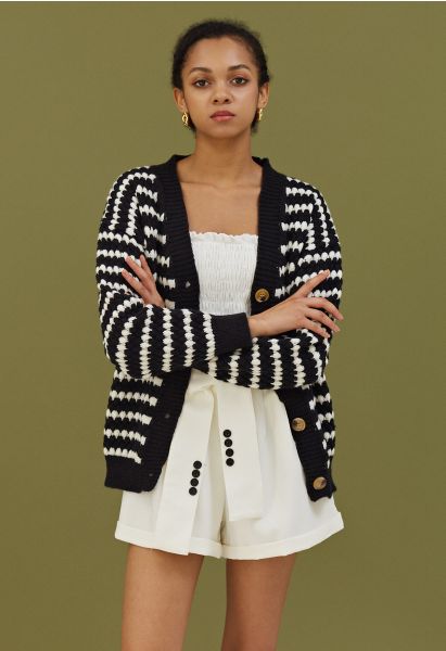 Button Down Striped Embossed Knit Cardigan in Black