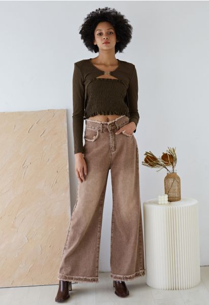 Tassel Trim Washed Wide-Leg Jeans in Caramel