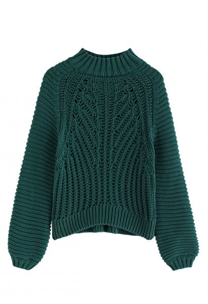 Exaggerated Ribbed High Neck Chunky Knit Crop Sweater in Dark Green