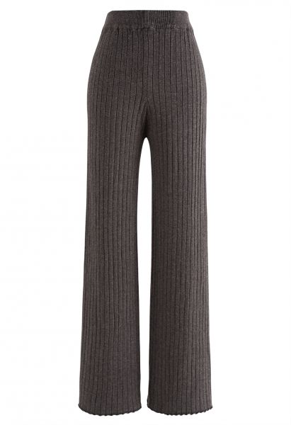 Ribbed Straight Leg Knit Pants in Smoke