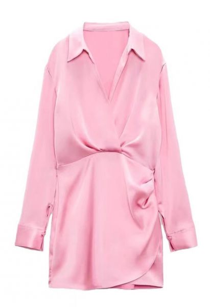 V-Neck Ruched Front Satin Shirt Dress in Pink