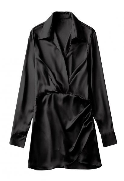 V-Neck Ruched Front Satin Shirt Dress in Black