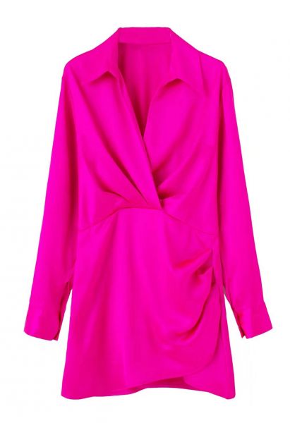 V-Neck Ruched Front Satin Shirt Dress in Magenta