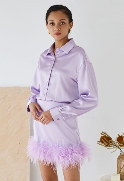 Fringe Hem Satin Long Sleeve Dress in Purple