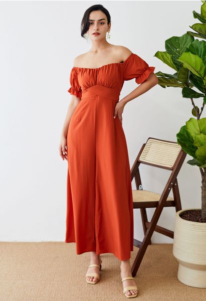 Breezy Off-Shoulder Tie Back Crop Jumpsuit in Orange