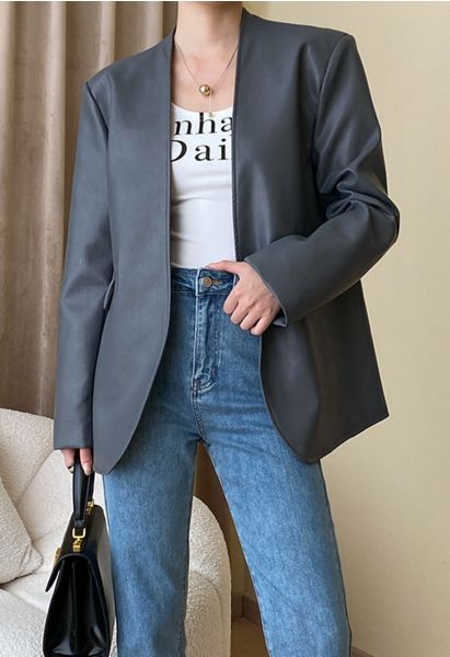 Simplicity Collarless Faux Leather Jacket in Smoke