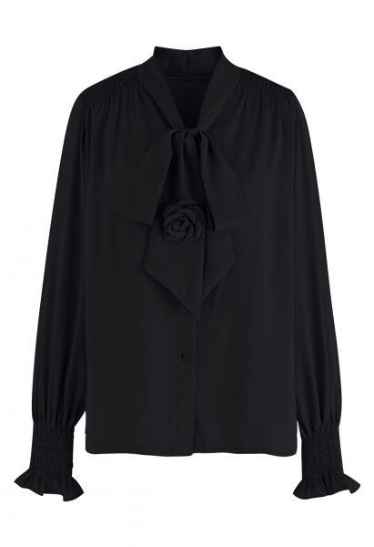 Rose Bowknot Embossed Shirt in Black