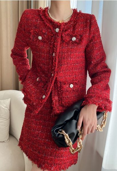 Nobby Collarless Grid Tweed Jacket in Red