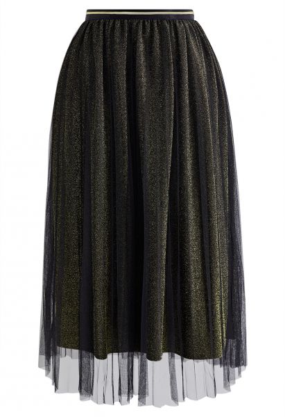 Glimmering Pleated Mesh Midi Skirt in Gold