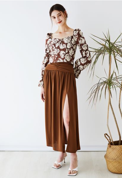 Ruched Waist Slit Maxi Skirt in Brown