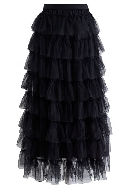 Ruffle Tiered Tulle Mesh Maxi Skirt in Black