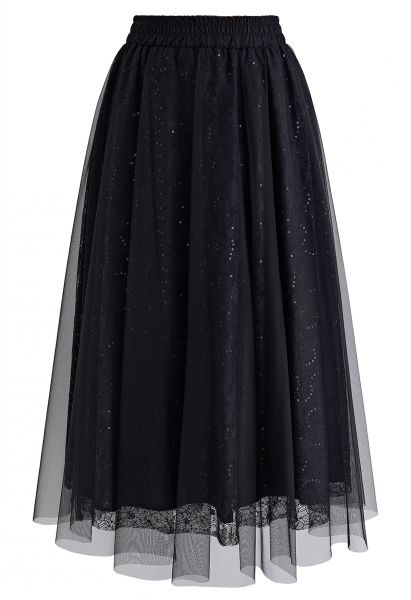 Sequined Floral Lace Mesh Tulle Skirt in Black