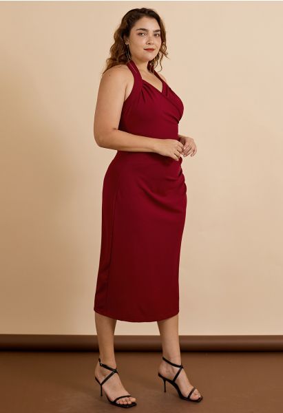 Halter Neck Wrap Bust Dress in Burgundy