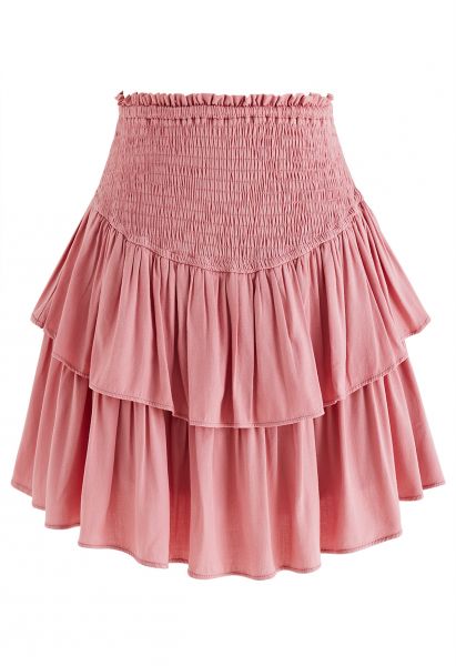 Tiered Ruffle Shirred Waist Mini Skirt in Pink