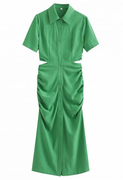 Cutout Waist Side Ruched Shirt Dress in Green
