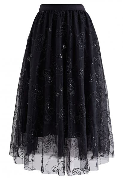 Sequined Embroidered Paisley Mesh Midi Skirt in Black