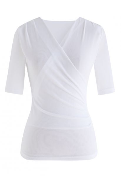 Faux Wrap Soft Mesh Elbow Sleeve Top in White