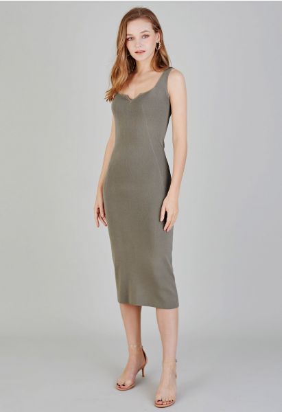 Notch Neckline Bodycon Knit Dress in Taupe