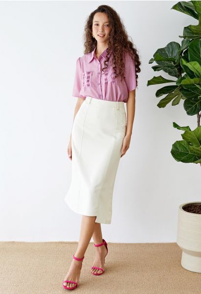 Irregular Hem Seam Detailing Midi Skirt in Ivory