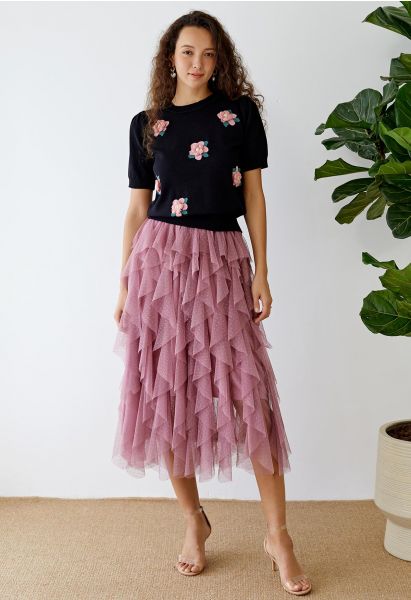 Dots Full Ruffled Tulle Skirt in Mauve