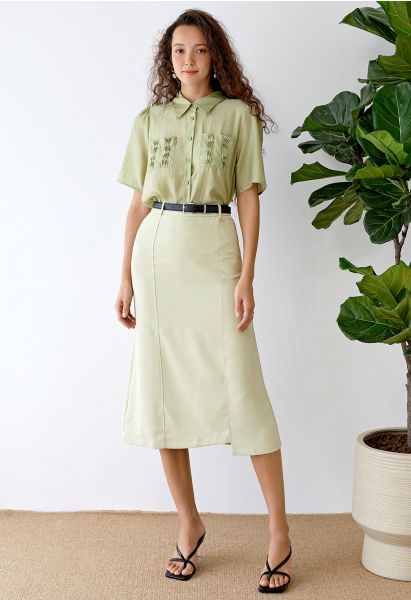 Irregular Hem Seam Detailing Midi Skirt in Lime